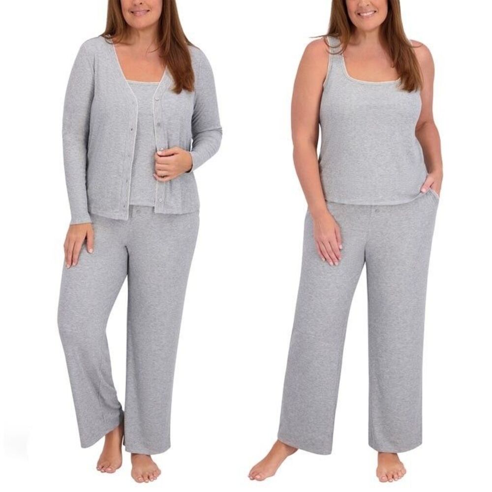 Live2Lounge Women's 3pc Heather Gray Picot Relaxed Lounge Set Pant Tank Cardigan